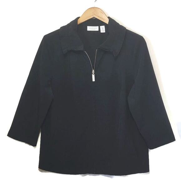 Chico's Weekends Black 3/4 Sleeve Ruffle Collar Zip Front Jacket Size L - Picture 9 of 9